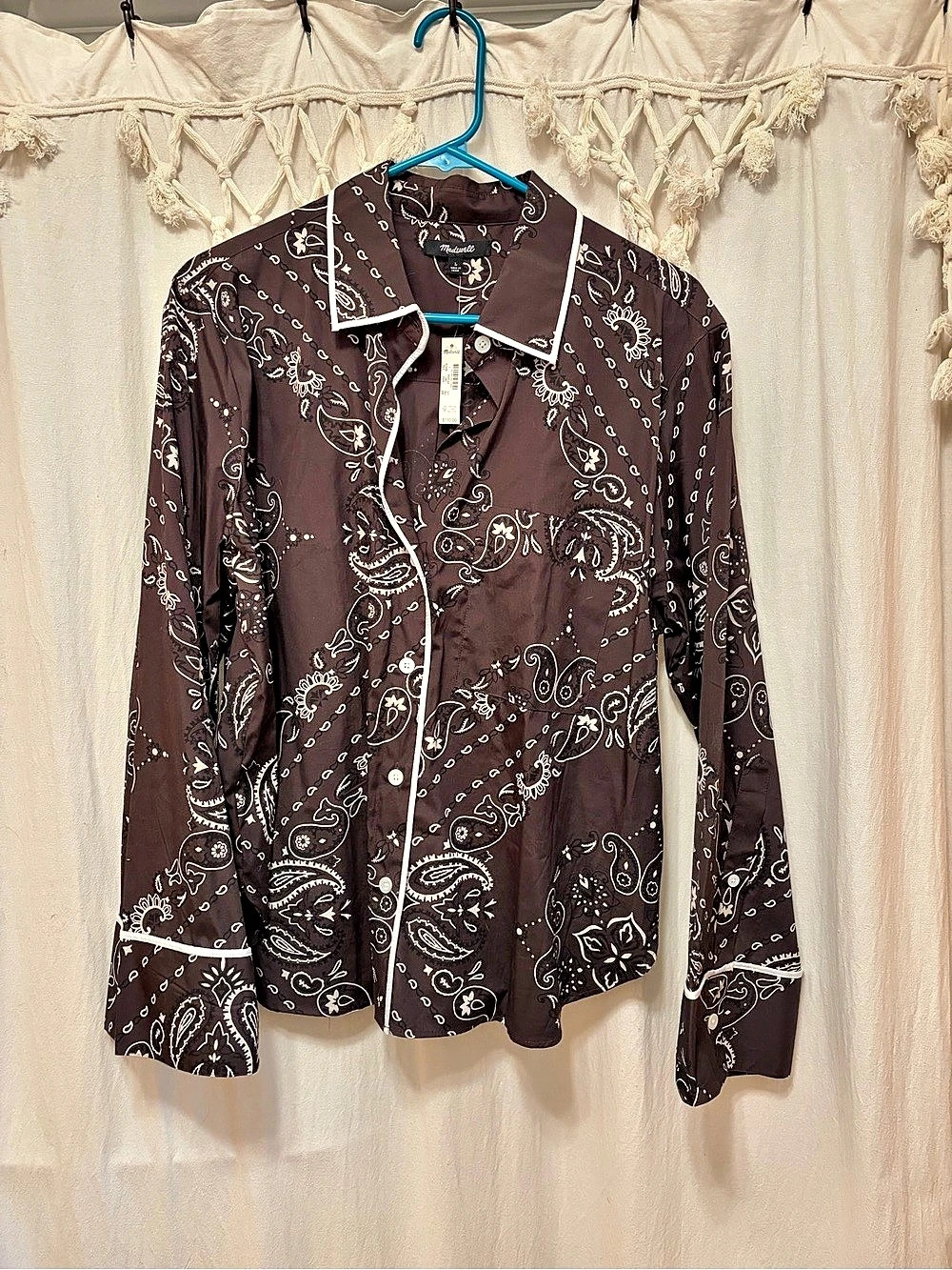 Madewell The Signature Y-Neck Shirt in Poplin Brown & White Medium